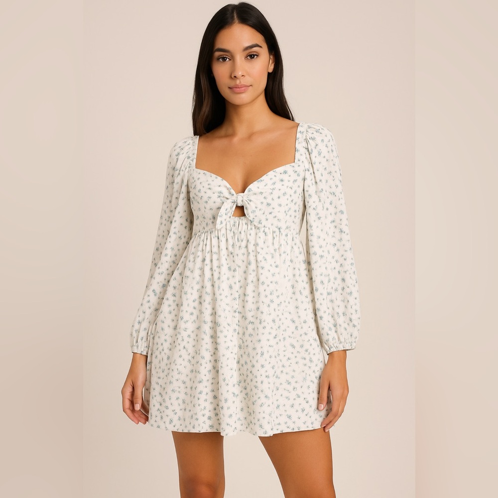 Lulus White Blue Floral Puff Sleeve Tie Front Babydoll Mini Dress Size M - Picture 1 of 13